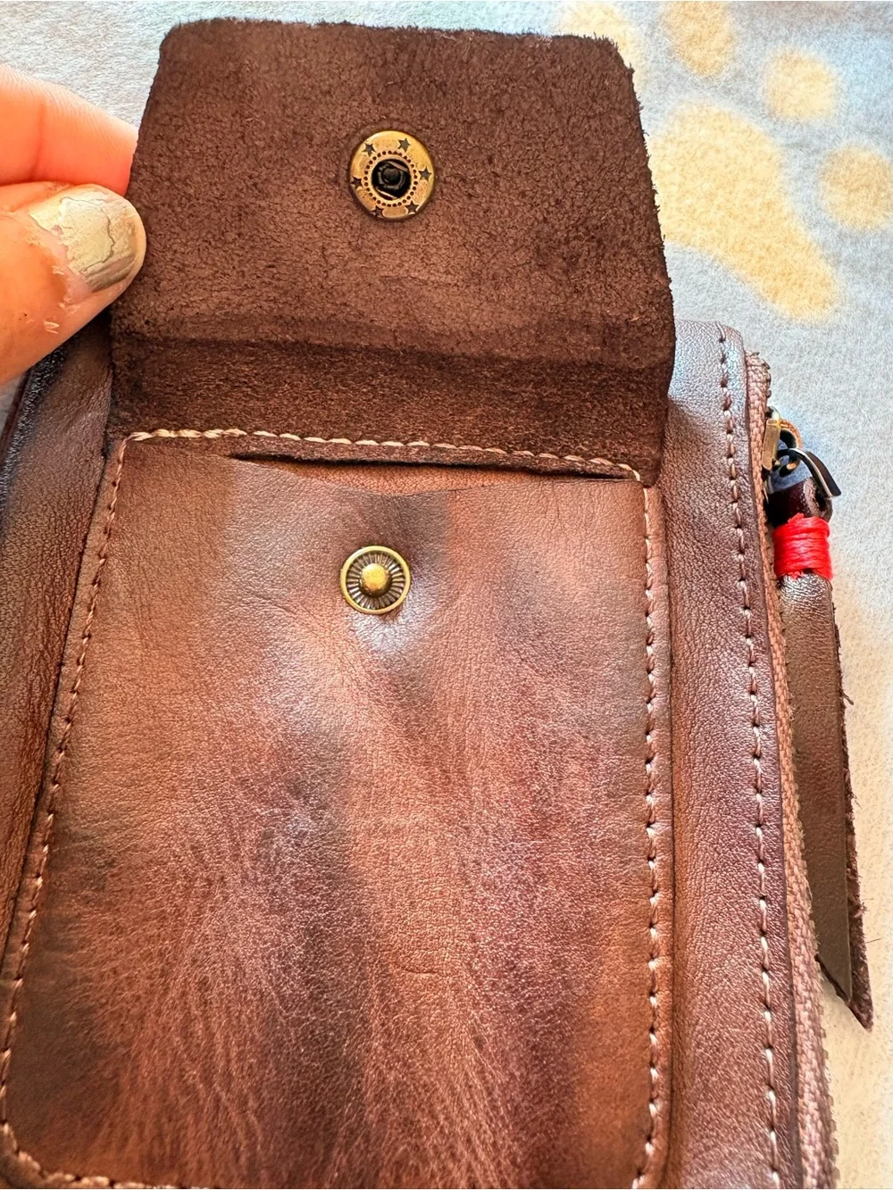 Vintage Brown Leather Zip Pouch with Front Snap Pocket